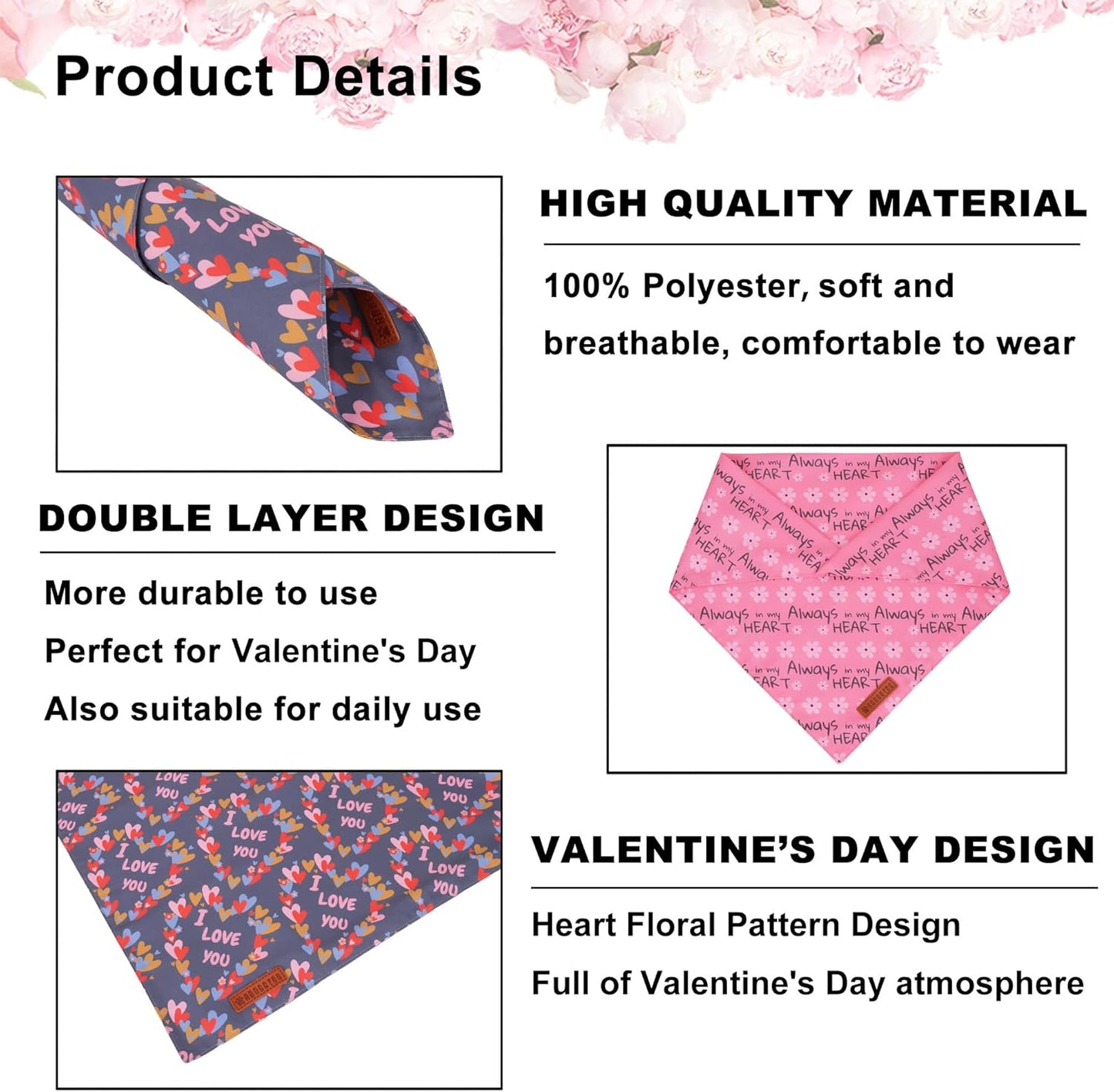 ADOGGYGO Valentine Dog Bandanas, Heart Love Floral Pet Scarf, Multi Size Offered, Pink Blue Pet Valentine Bandana for Large and Extra Large Dogs (X-Large)