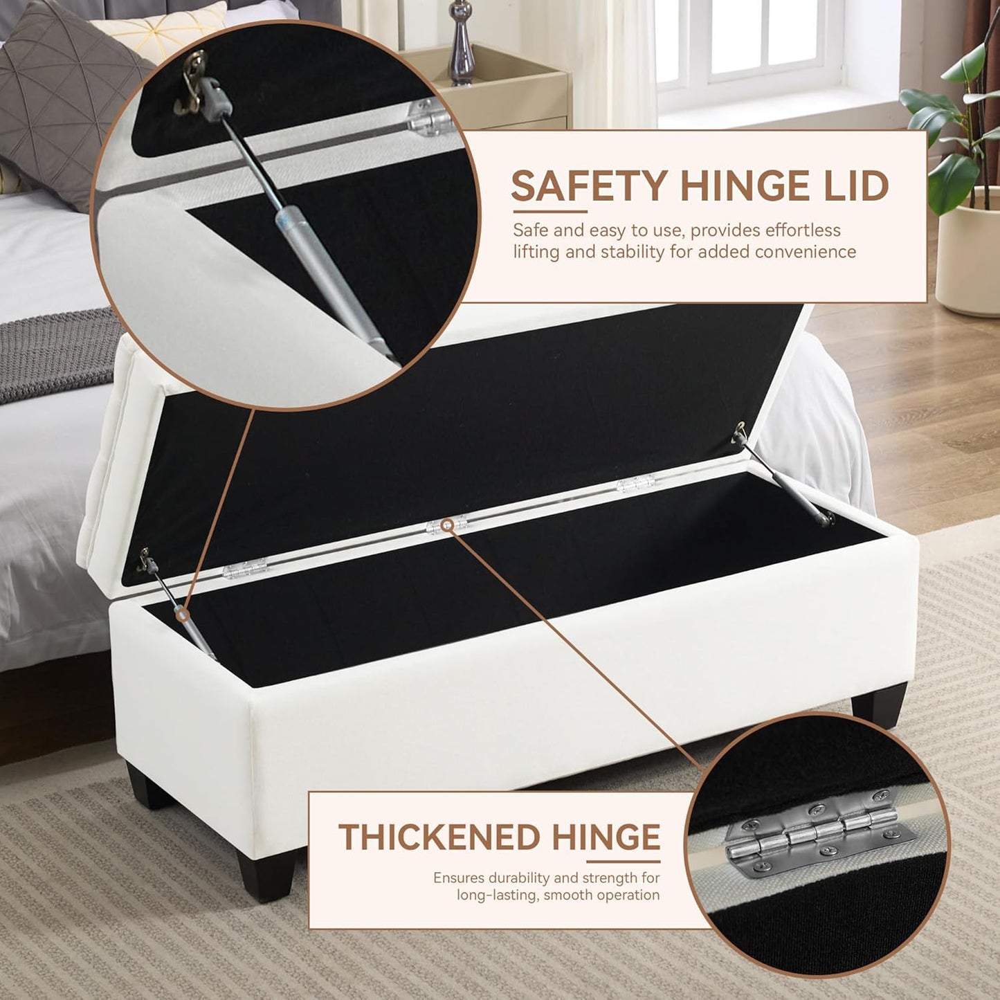 51" Fabric Storage Ottoman Bench, Upholstered Rectangle End of Bed Storage Ottoman Tufted Living Room Bedroom Bench with Safety Hinge, Solid Wood Legs, Loads 500 lb(Beige)