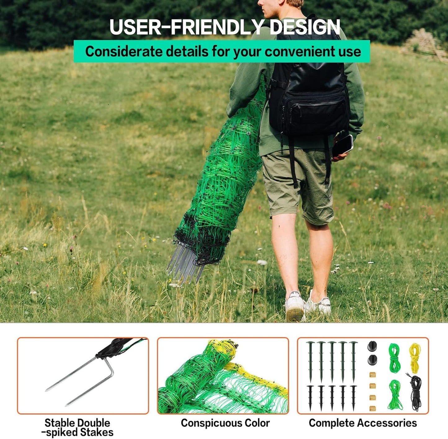 Electric Fence Netting, 49.6" H x 164' L, PE Net Fencing Kit with 14 Posts Double Spiked, Utility Portable Mesh for Sheep Hogs Goats Deer Dogs Lambs Used in Backyards Farms Ranches Patio, Green