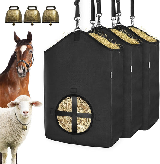 3 PCS Goat Hay Feeder,Hay Bags for Horses,Goats,Donkeys with Reinforced Oxford Fabric and High Strength Metal Clasp,Horse Feeding Supplies with Adjustable Strap for Easy Hanging (3Black)