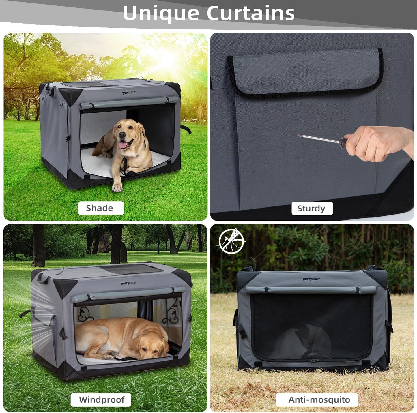 Pettycare 26 Inch Collapsible Dog Crate with Curtains Travel Dog Crate for Airflow and Calm Soft Pet Kennel with Portable Bag and More Chew Proof Mesh Indoor & Outdoor Grey 4 Door Curtains