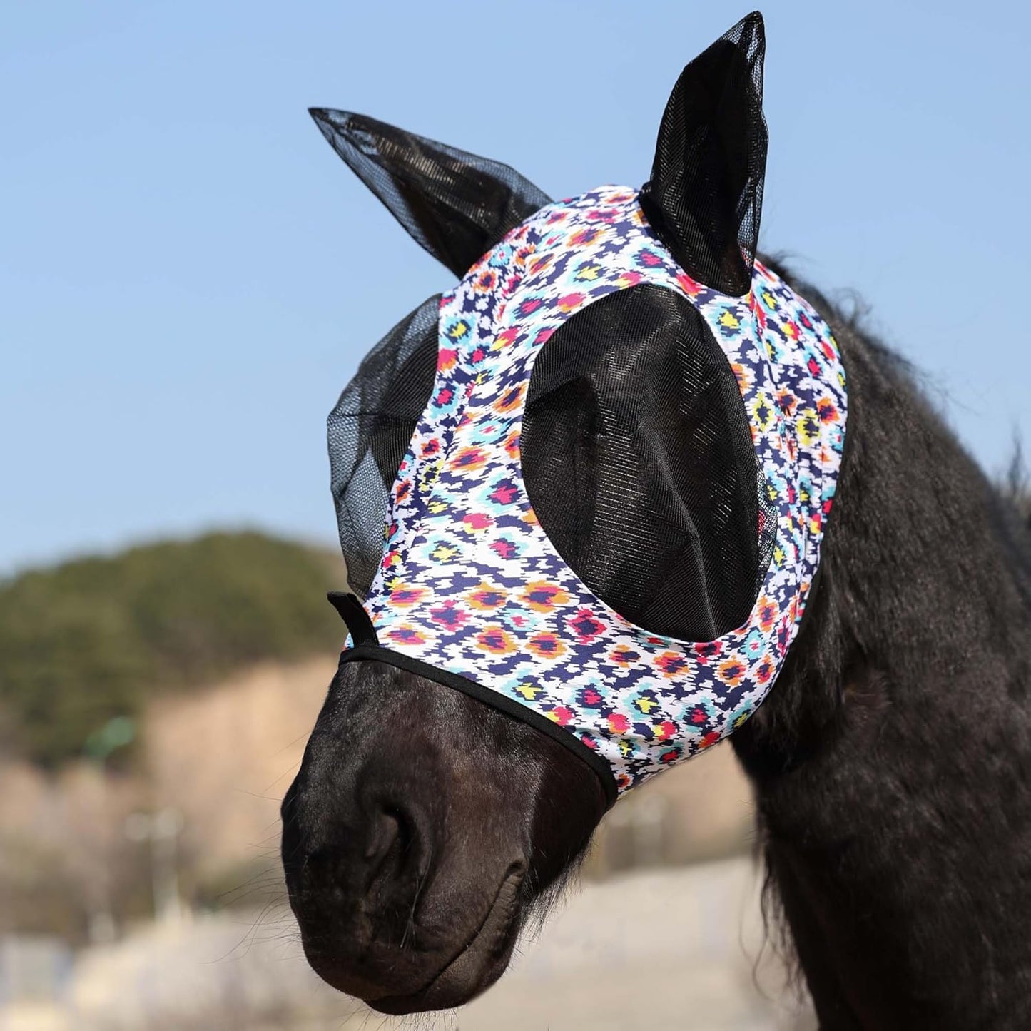 Harrison Howard Super Comfort Stretchy Fly Mask Large Eye Space with UV Protection Soft on Skin with Breathability Geo Feather M