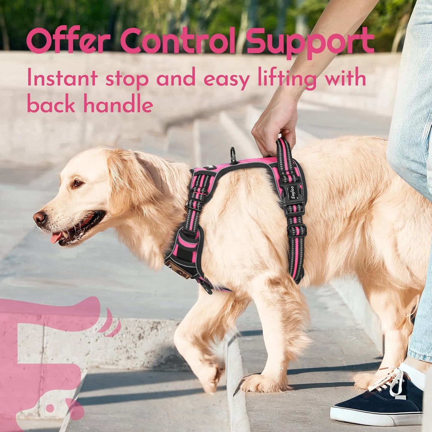 Eagloo Dog Harness Medium Sized, Easy Wearing with 3 Buckles, Adjustable No Pull Pet Harness with 2 Rings for Walking, No Chock Reflective Soft Padded Vest with Control Handle, Pink & Black, M