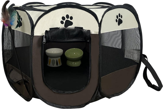 Cat Playpen for Indoor and Outdoor Cats Collapsible Enclosed, Portable Cat Tent, Cat, Puppy Crate Cage (Coffee, Standard, Octagon)