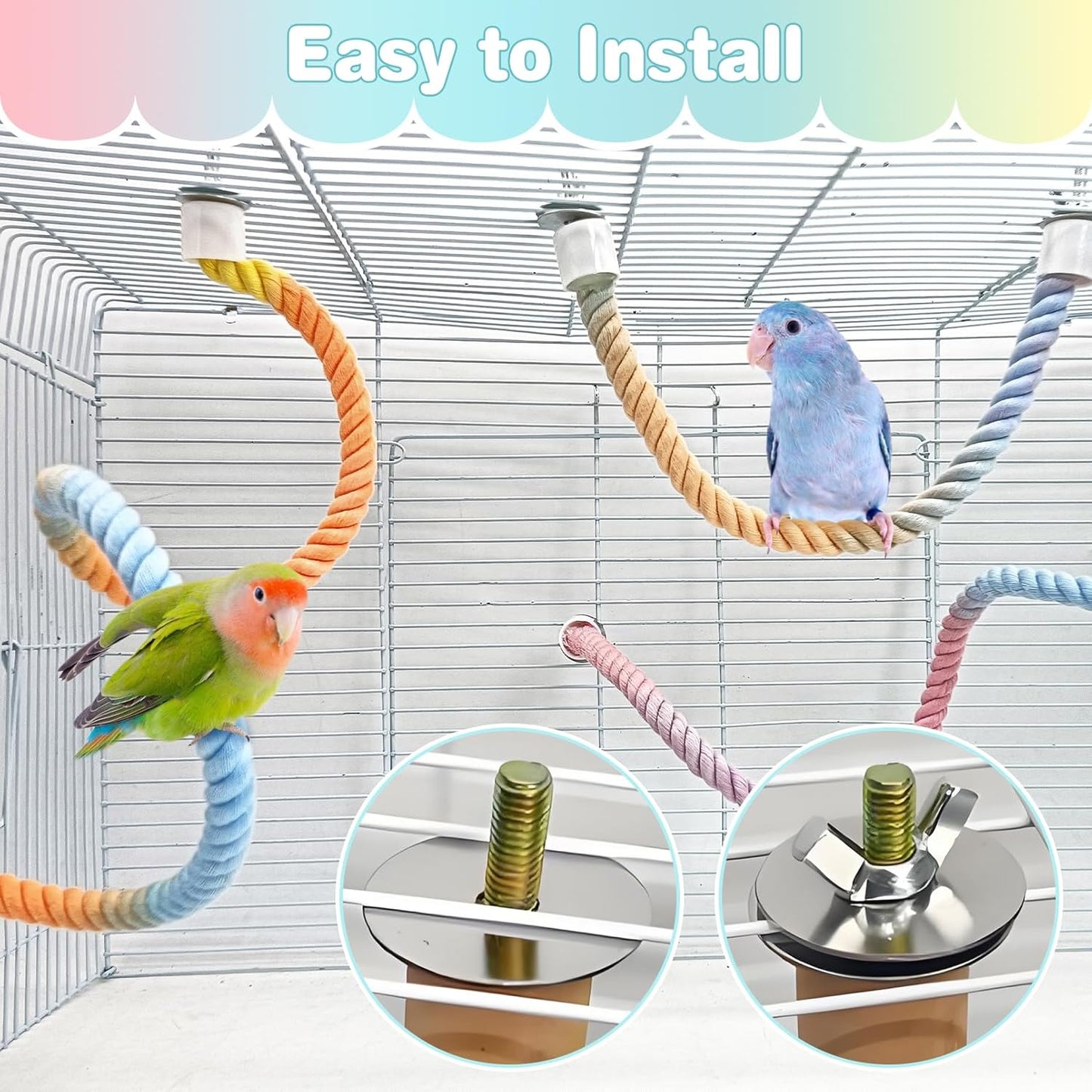 BNOSDM Bird Rope Perch with Stand Perch Toy Set Bendable Rope Perches Wooden Spinning Exercise Wheel Toy Parrot Cage Accessories for Parakeets, Conures, Lovebirds, Budgies, Cockatiels (Rainbow Color)