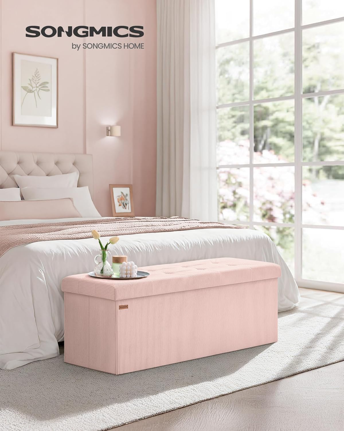 SONGMICS MAZIE Collection - Storage Ottoman Bench, Foldable Foot Rest, 15 x 43 x 15 Inches, End of Bed Bench, Storage Chest, Load 660 lb, Living Room, Bedroom, Entryway, Jelly Pink ULSF604R01