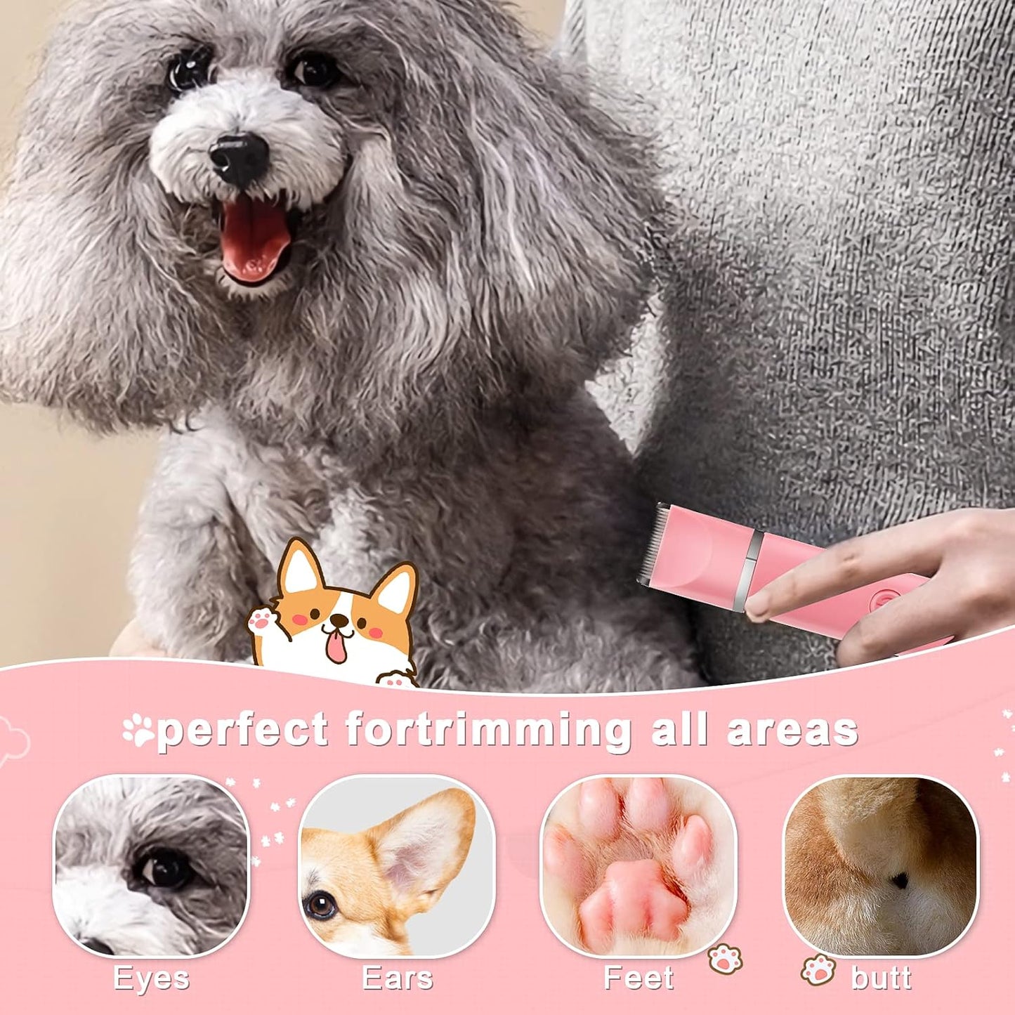 Dog Grooming Clippers Kit-Electric Rechargeable Cat Trimmer Tools-Cordless Quiet Pet Nail Paw Grinder-4 in 1 Multifunctional Low Noise Shaver-Razor for feet Face Ears Toenail Eye（Pink）