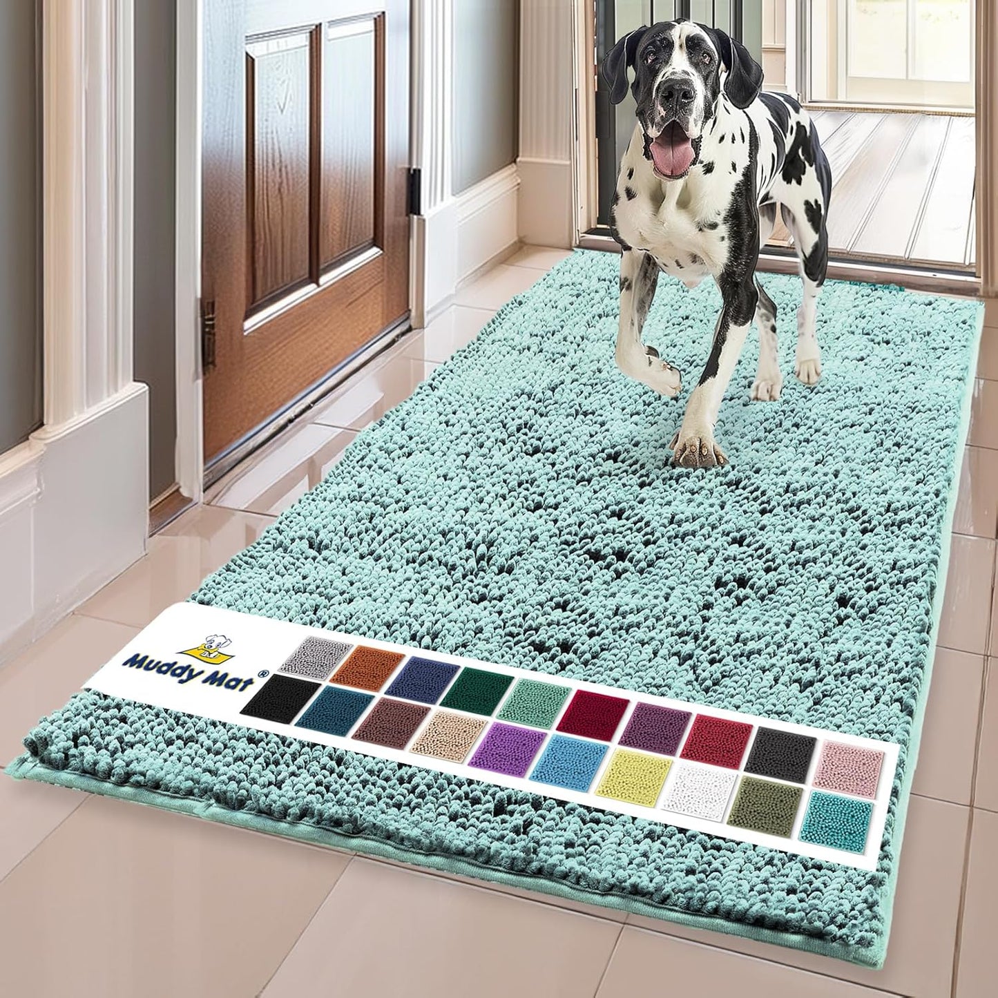 Muddy Mat® Shown on TV–Super Absorbent Microfiber Dog Door Mat for Muddy Paws, Non-Slip Washable Pet Rug, Quick Dry Chenille Entryway Carpet, Machine Washable Indoor Outdoor mat–Seafoam Green 59"x35"