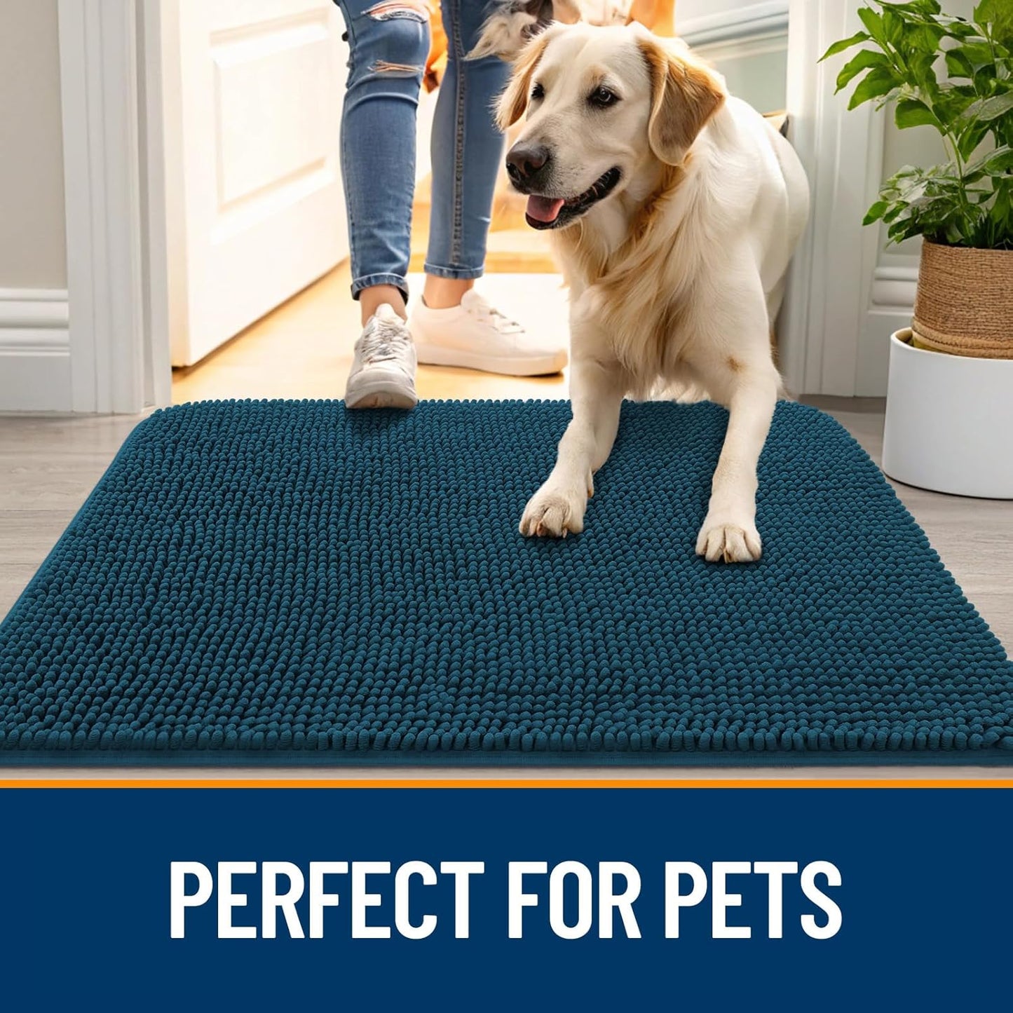 OLANLY Dog Door Mat for Muddy Paws 24x16, Absorbs Moisture and Dirt, Absorbent Non-Slip Washable Doormat, Quick Dry Chenille Mud Mat, Entry Indoor Entryway Carpet for Inside Floor, Atlantic Blue