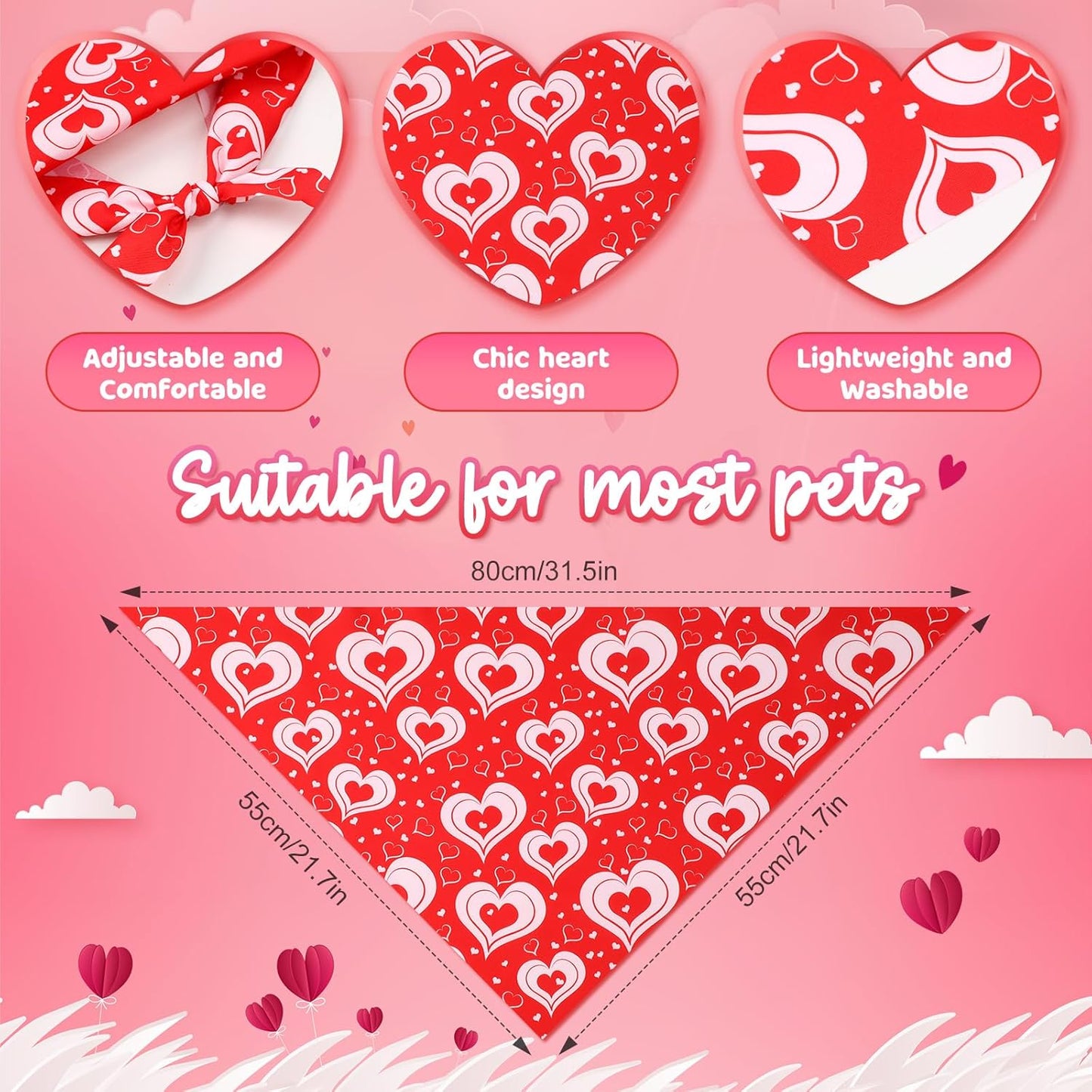 Weewooday 50 Pcs Dog Bandanas Bulk for Dogs Soft Bibs Adjustable Triangle pet Bandana for Small Medium Large Costume(Heart Pattern,31.5 x 21.7 x21.7 Inch)