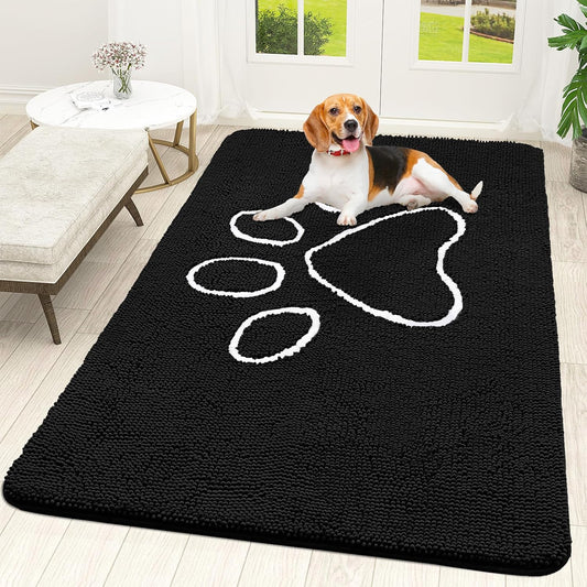 OLANLY Door Mat for Muddy Dog Paws 59x35, Ultra Absorbent Chenille Mud Doormat with Paw Print Design, Non-Slip Washable Doormat for Indoor Entryway, Quick-Dry Pet Bed Mats for Dirty Dogs, Black