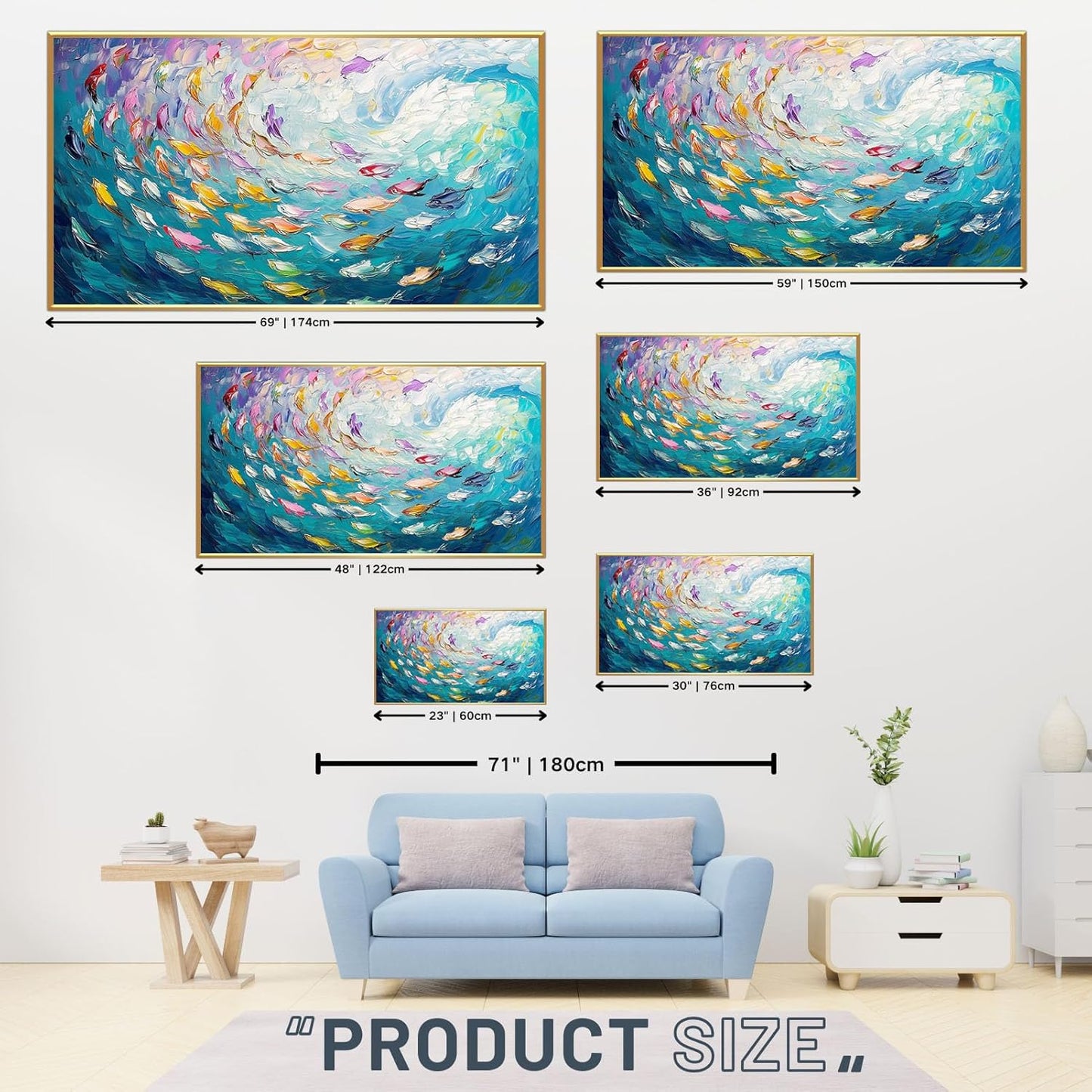 Fish Canvas Wall Art, Abstract School of Fish Canvas Wall Art, School of Fish Painting Canvas, School of Fish Wall Art, Fish Wall Decor, Fish Pictures Wall Decor, Bedroom Canvas Wall Decor (Black Framed, 59"x33" | 150x84cm)