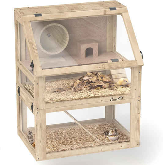 PawHut Wooden Hamster Cage, 3 Tier Small Animal Cage with Detachable 12.6" Deep Bottom, Hut, Seesaw, Exercise Wheel, Ramps, Hamster Habitat for Dwarf, Gerbil, 24" x 16" x 29.5"