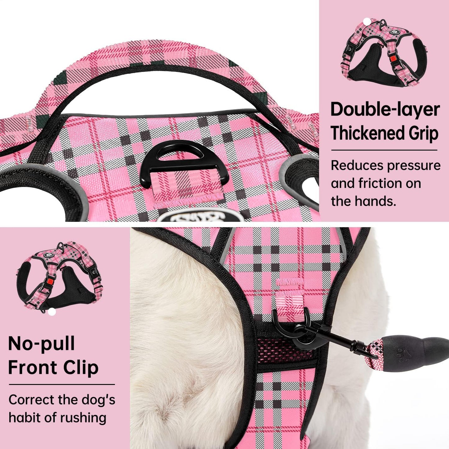 IVY&LANE No Pull Dog Harness with Leash Set, Reflective No Choke Pet Vest,Adjustable Oxford Dog Vest Harness with Easy Control Handle for Large Dogs (Checkered Pink,XL)