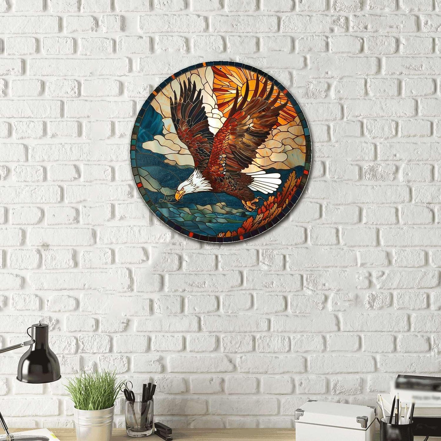 Lygond Metal Sign Tin Sign Circular Stained Glass American Bald Eagle Bathroom Signs for Home for Garden 12×12 Inches