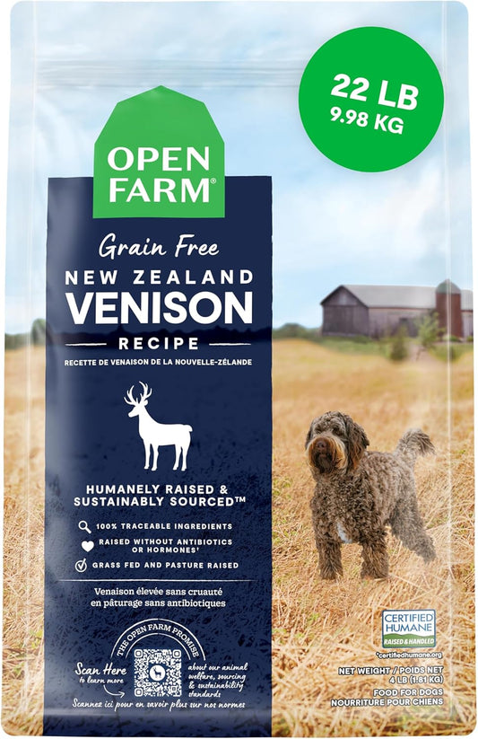 Open Farm, Grain-Free Dry Dog Food, Complete & Balanced Kibble, Sustainably & Ethically Sourced Ingredients, Non-GMO Veggies & Superfoods Support Overall Health, New Zealand Venison Recipe, 22lb Bag