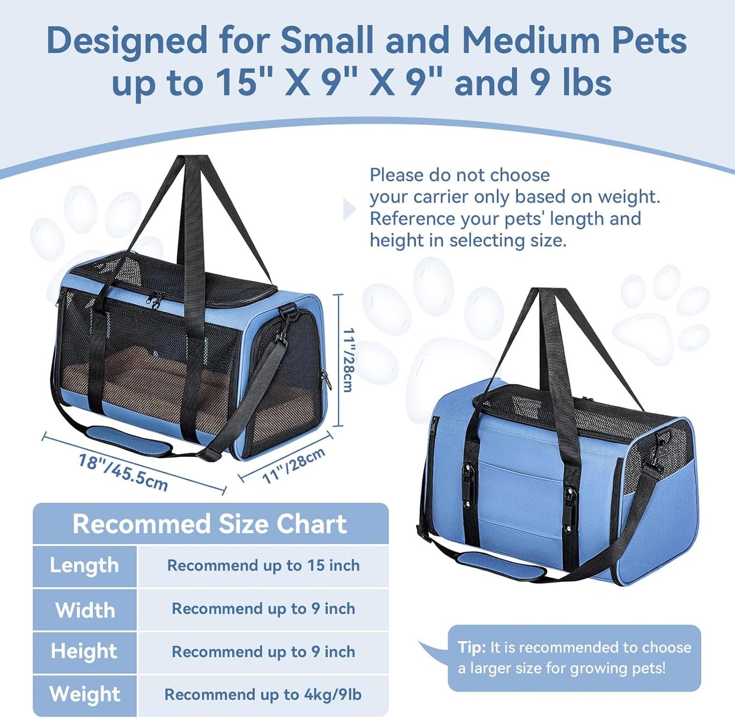 PETSFIT Soft-Sided Cat Carriers & Car Seats with Patent Safe Buckles, Clip-On Harness，18"x11"x11" Airline Approved Pet Carrier - 9 lbs Capacity (Blue)