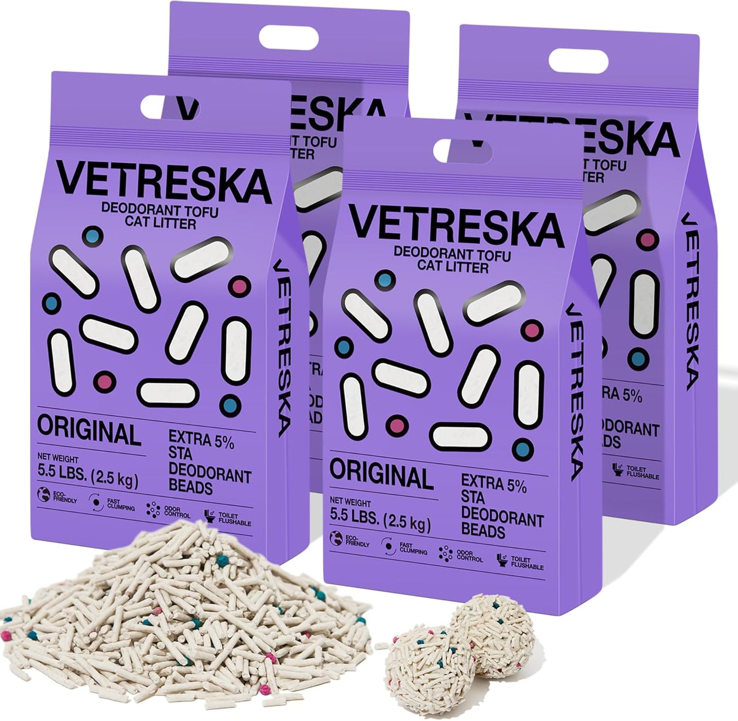 VETRESKA Tofu Cat Litter,Natural Kitty Litter Strong Clumping Flushable Cat Litter Pellets Ultra Absorbent,Odor Control,Dust-Free,Low Tracking Eco-Friendly Tofu Litter,Original(5.5lb×4bags)