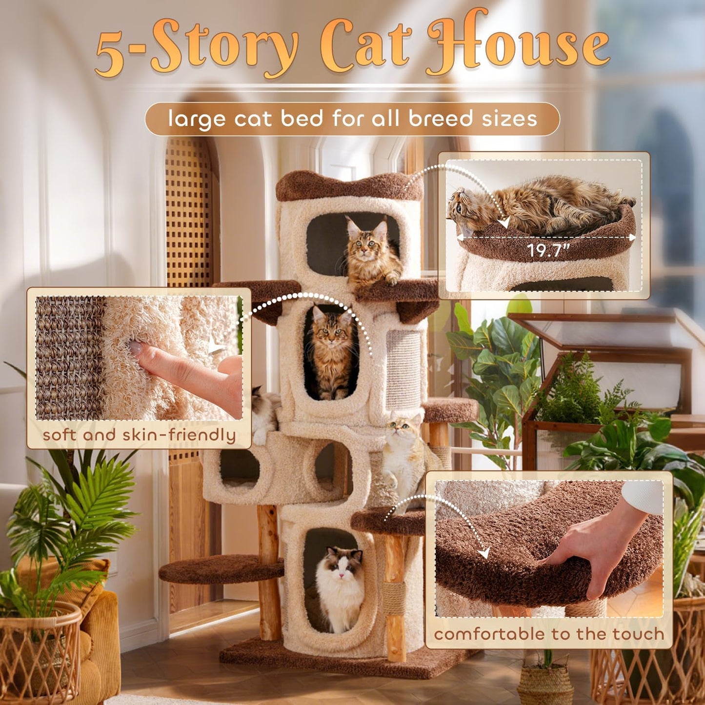 70'' Luxury Heavy Duty Cat Tree for Indoor Cats Adults,Treehouse Theme Large Cat Tower for Home Decoration,Multi-Level Modern Maine Coon Condo with 3*Wood Scratching Post,Perch,Huge House for Multicat