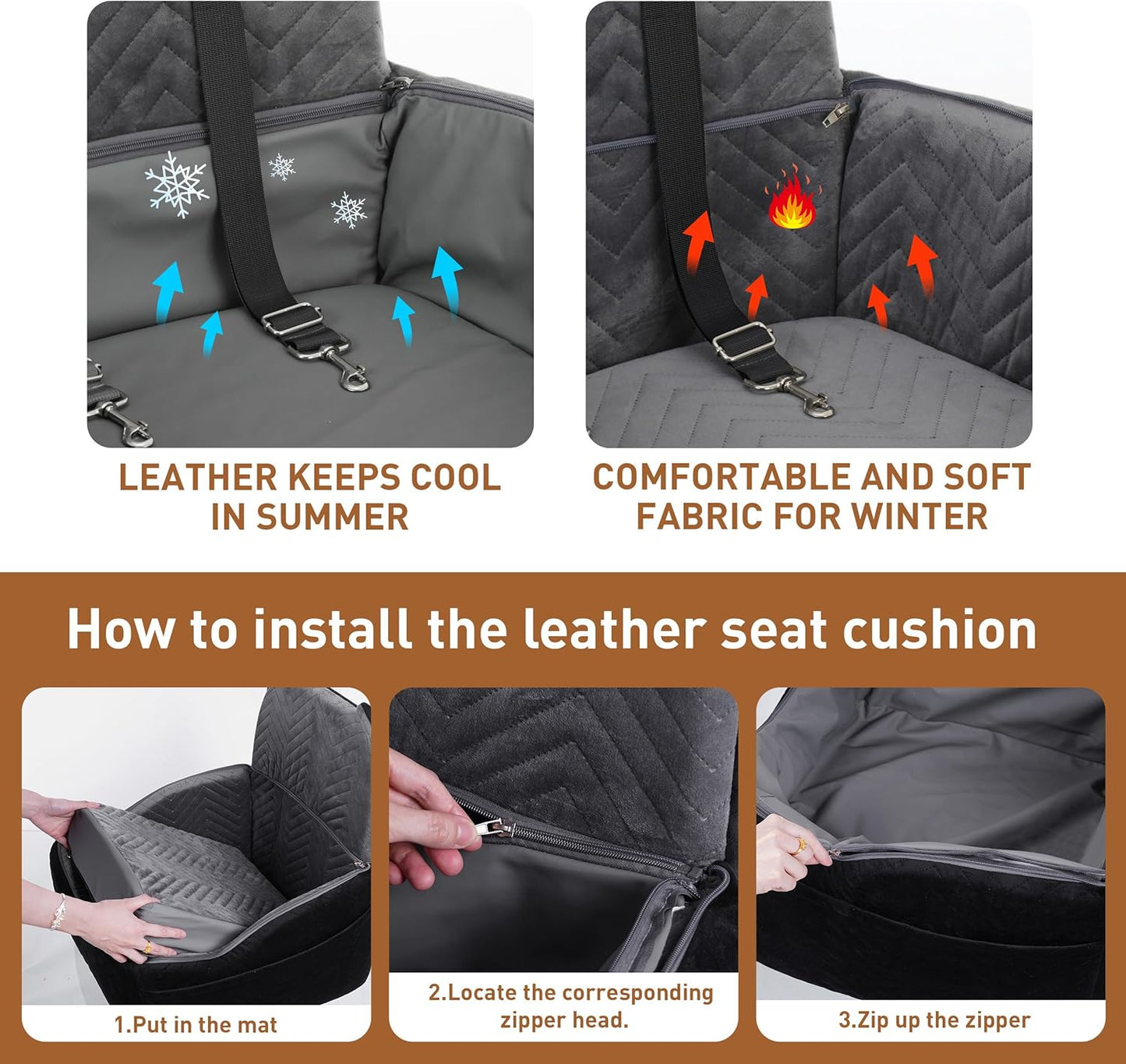 Dog Car Seat Booster with Waterproof Cover, Memory Foam, Small/Medium Dog Bed for Car Back Seat for Travel, Black/Grey, 2 Safety Belt