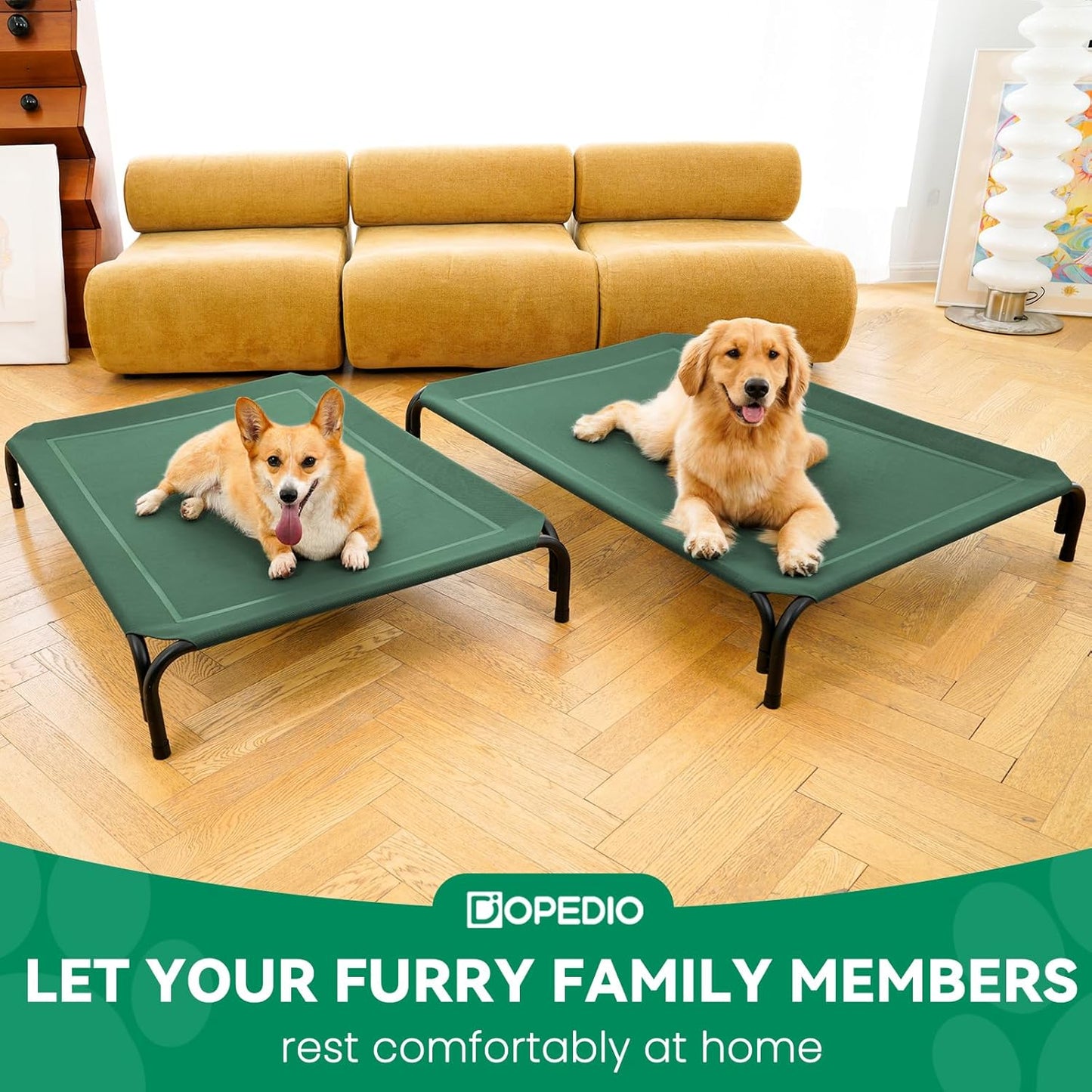 Elevated Dog Bed Raised Outdoor Dog Cot for Medium Dogs, Installation Requires No Tools, Frame with Washable Cooling Breathable Mesh Anti-Slip Feet, Indoor Pet Bed, Green, 35.4 Inches