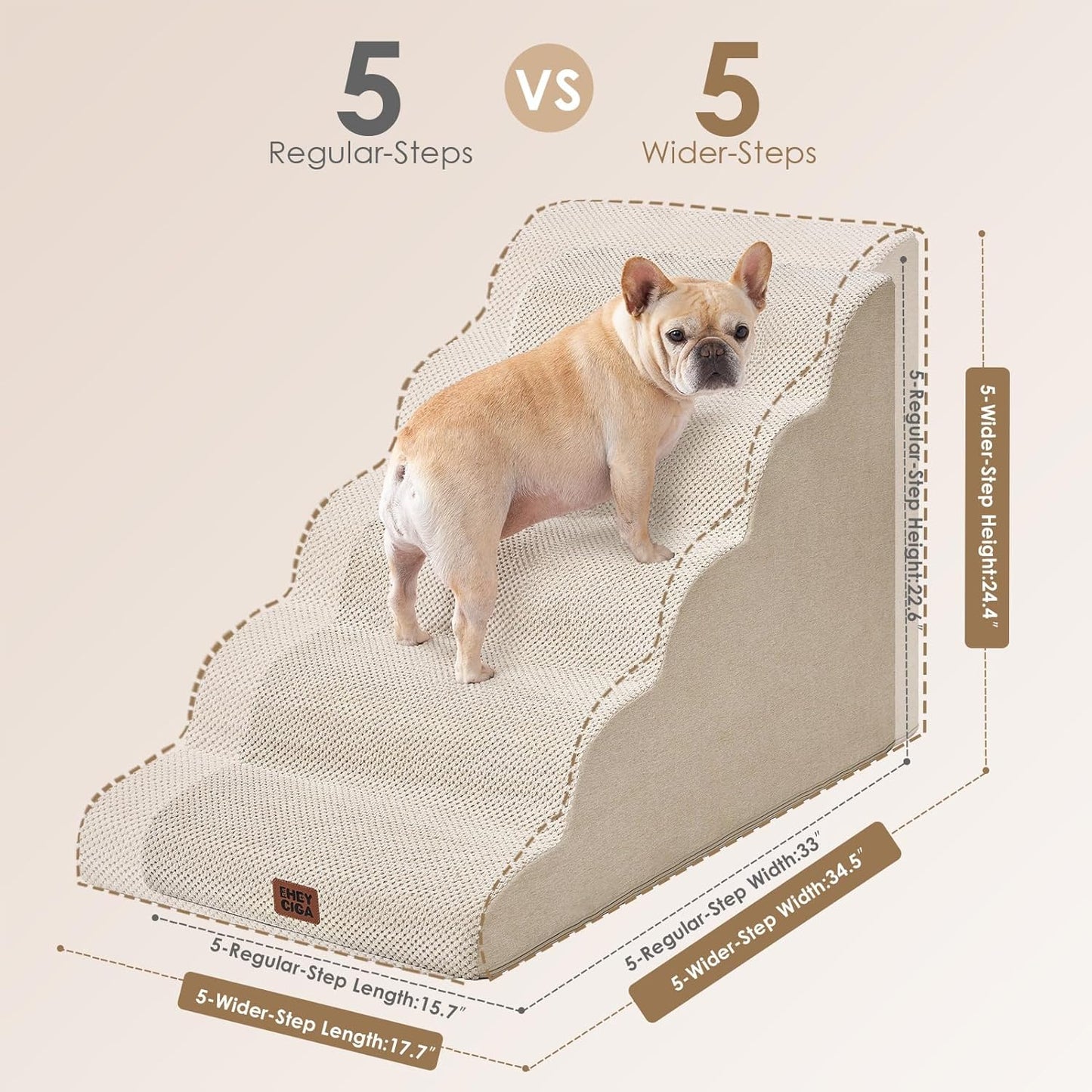 EHEYCIGA Curved Dog Stairs Ramp for High Beds, 5-Step Extra Wide Dog Steps for Small Dogs and Cats, Pet Stairs for High Bed Climbing, Non-Slip Balanced Pet Step Indoor, Beige