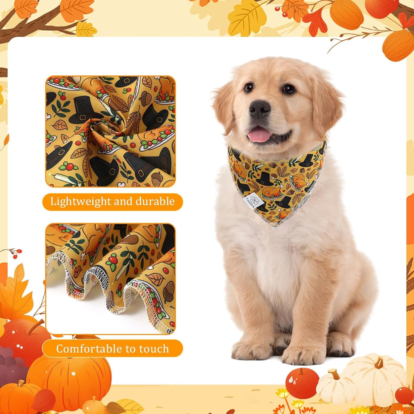 E-Clover Thanksgiving Dog Bandanas & Matching Scrunchie Set Girl Fall Turkey Dog Scarf Bibs Pet Bandana with Bow Tie for Small Dogs Puppy Owner Mom Brown