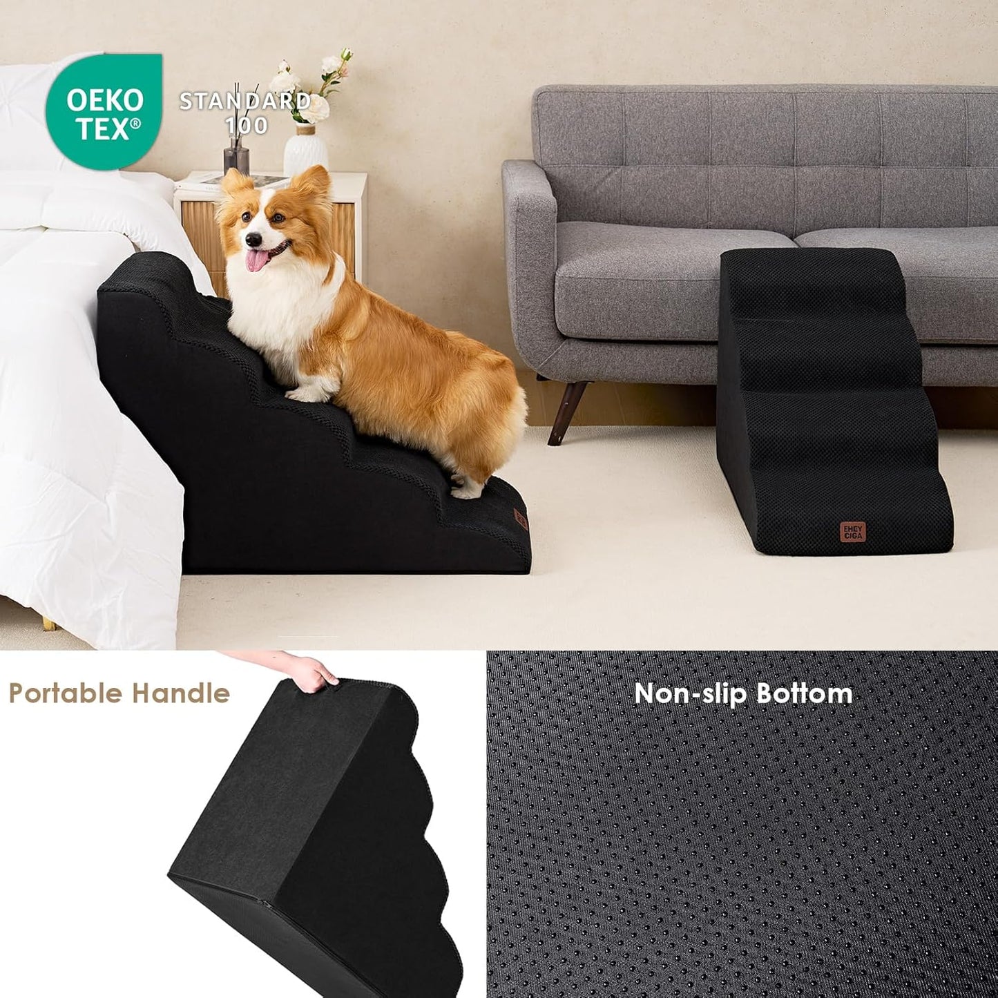 EHEYCIGA Curved Dog Stairs Ramp for High Beds 22.6" H, 5-Step Dog Steps for Small Dogs and Cats, Pet Stairs for High Bed Climbing, Non-Slip Balanced Pet Step Indoor, Black