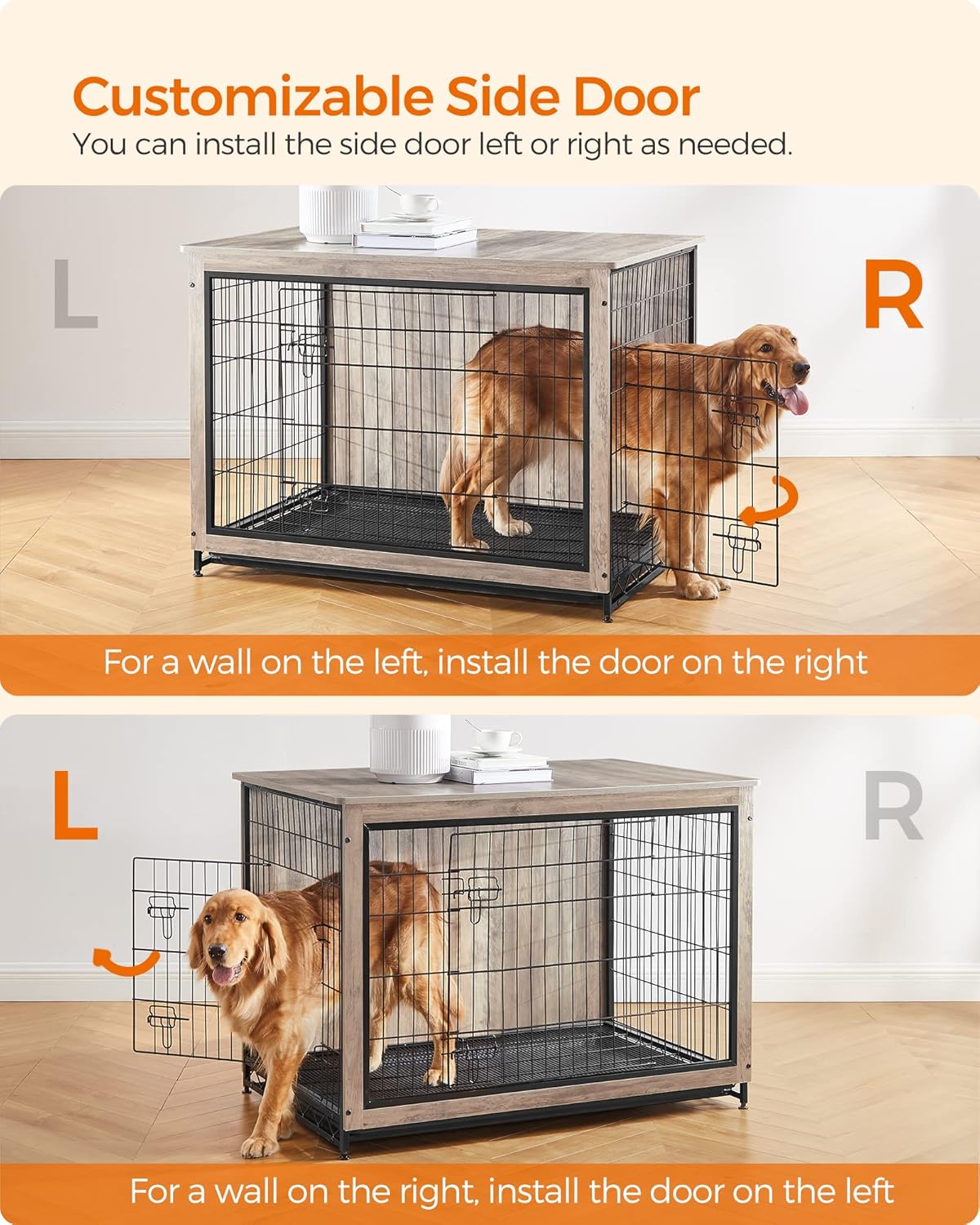 Feandrea Dog Crate Furniture, 44.1" Side End Table, Modern Kennel for Dogs Indoor up to 80 lb, Heavy-Duty Dog Cage with Multi-Purpose Removable Tray, Double-Door Dog House, Greige UPFC004G01