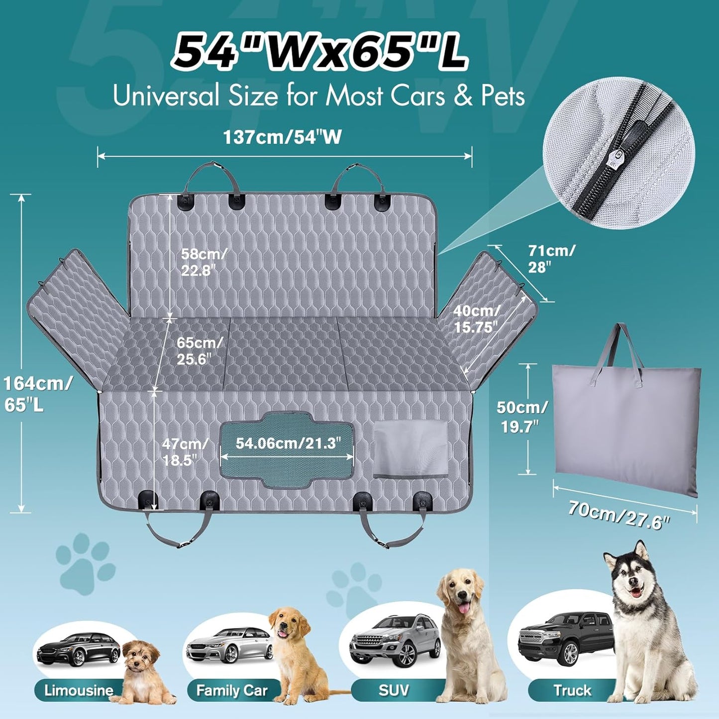 Back Seat Extender for Dogs-Supports 400lb,Waterproof Dog Car Seat Cover Hard Bottom-Detachable,600D Heavy Duty Scratch Proof Nonslip Soft,Dog Hammock for Car,SUVs-Grey