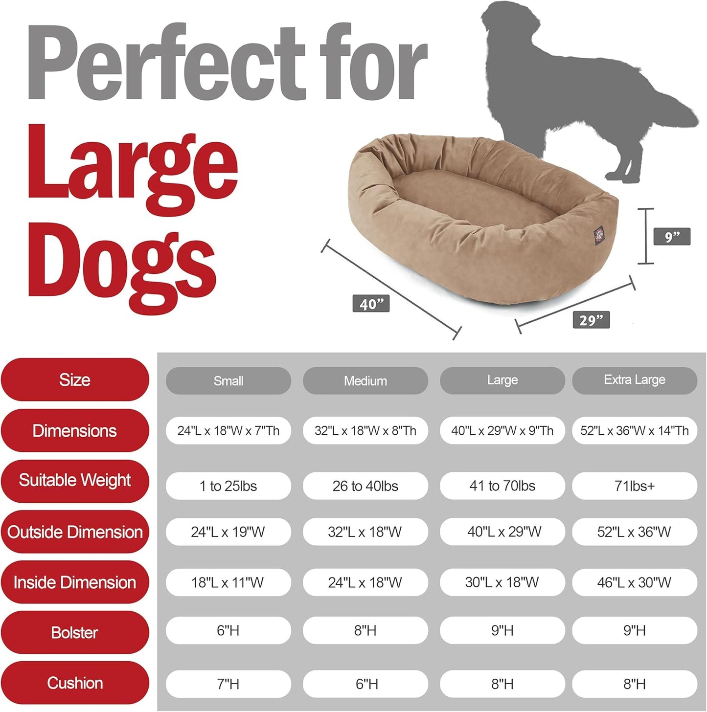 Majestic Pet 40 Inch Suede Calming Dog Bed Washable 40x29x9 (Inch) – Cozy Soft Round Donut Dog Bed with Spine Support for Dogs to Rest Their Head - Pet Bed Large – Stone (2025)