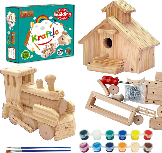 Kraftic Woodworking Building Kit for Kids and Adults, 2 Educational DIY Carpentry Construction Wood Model Kit Toy Projects for Boys and Girls - Build a Wooden Town Hall Birdhouse and Train