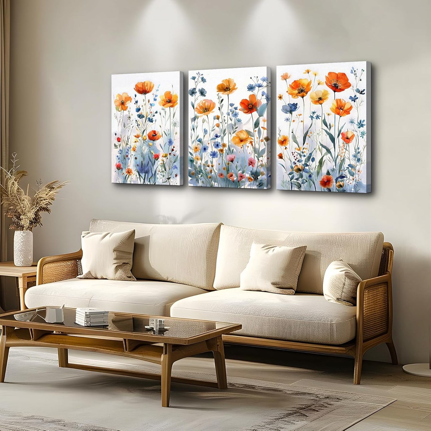 TTHYUEWS Large Canvas Wall Decor for Living Room Boho Wall Art for Bedroom Wall Decorations For Kitchen Family Room Wall Pictures Artwork Flowers Watercolour Paintings Modern Home Decor 3 Pieces