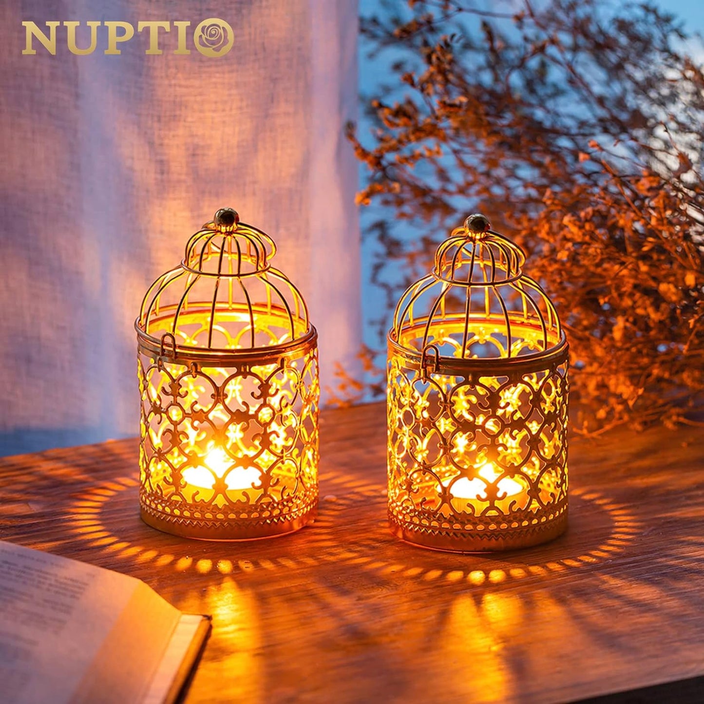 2 Pcs Small Metal Tealight Hanging Birdcage Lantern, Vintage Decorative Centerpieces of Wedding, Party, Gold