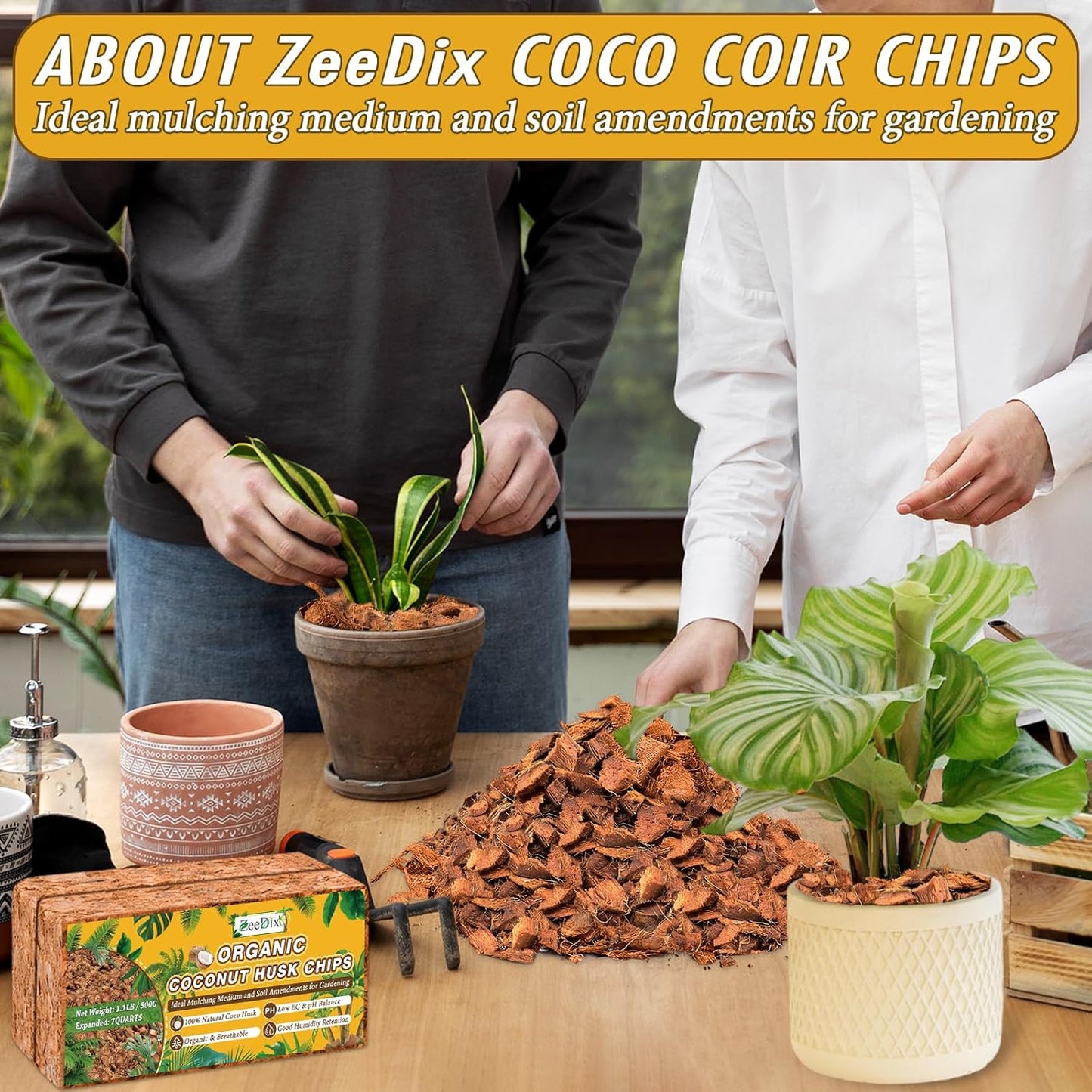 Zeedix 6 Pack Coco Husk Chips for Plants(6.6LB), 100% Organic Coconut Chips Mulch with Low EC & PH Balance, All Purpose for Indoor Plant Flowers Herbs Vegetables, Reptiles Terrarium Tanks Substrate