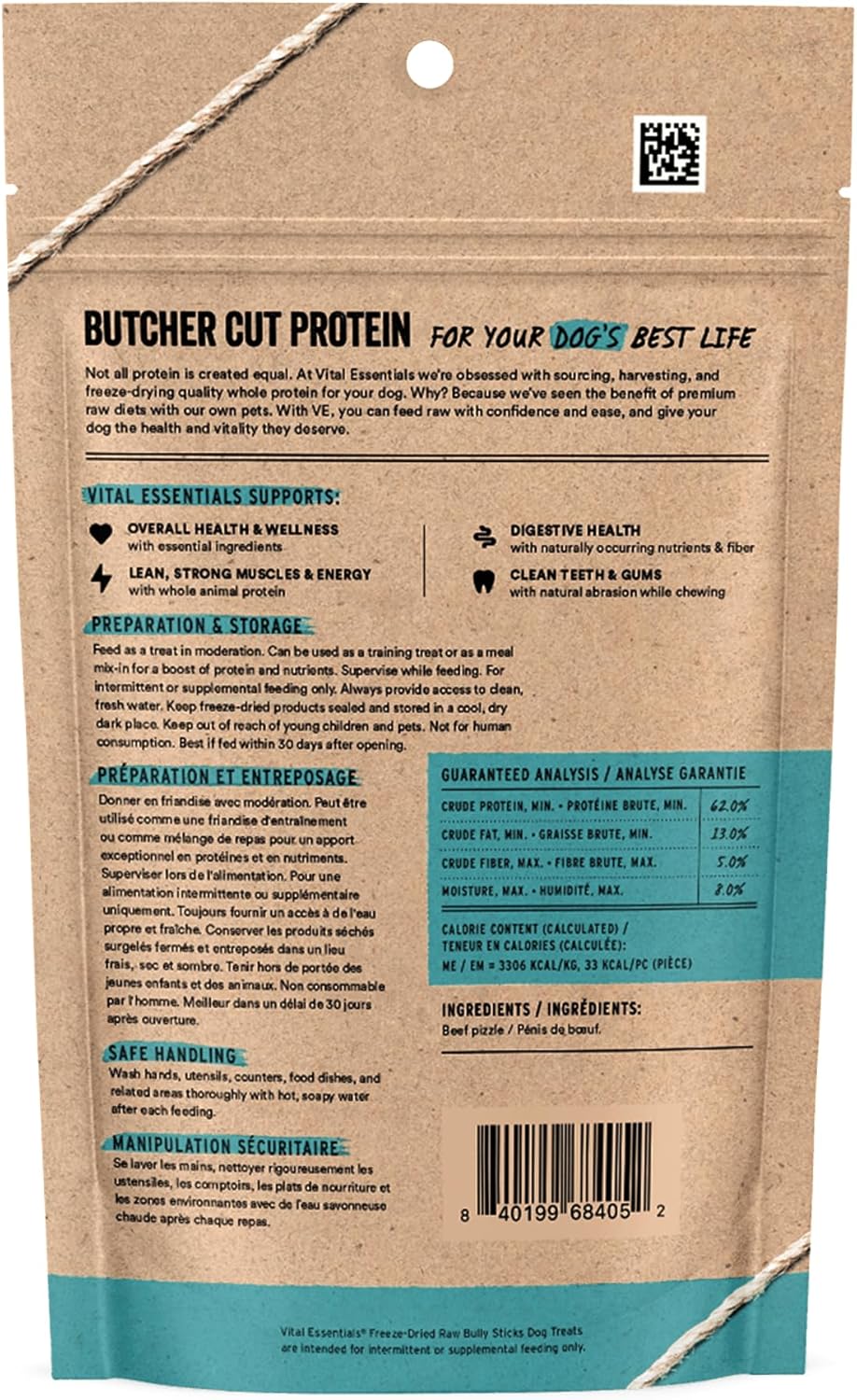 Vital Essentials Bully Sticks Dog Treats, 1.4 oz | Freeze-Dried Raw | Single Ingredient | Premium Quality High Protein Training Treats | Grain Free, Gluten Free, Filler Free