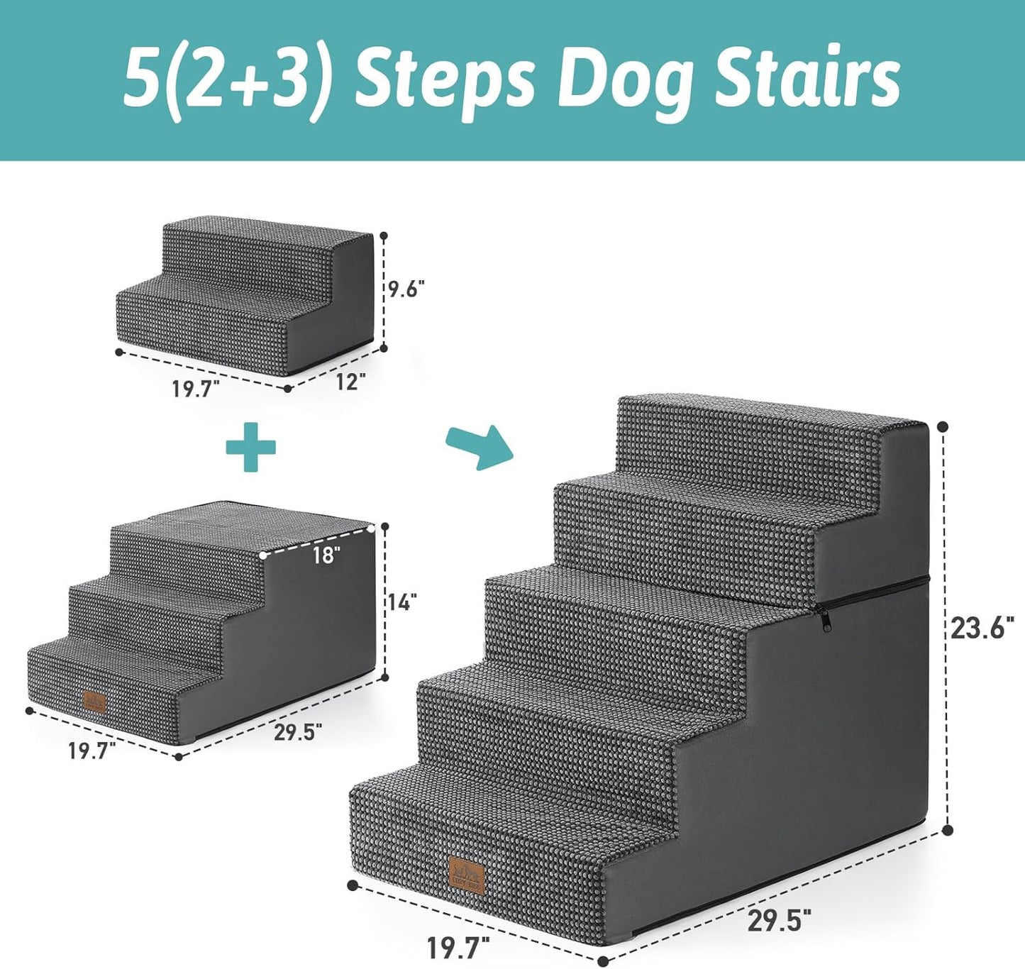Dog Stairs for Small Dogs, 5 Tier Removable Wider Pet Stairs for Couch and Bed, 23.6" H Non-Slip Dog Steps for Puppies and Old Cats with Support Board, 29.5x19.7x23.6 inch, Dark Grey