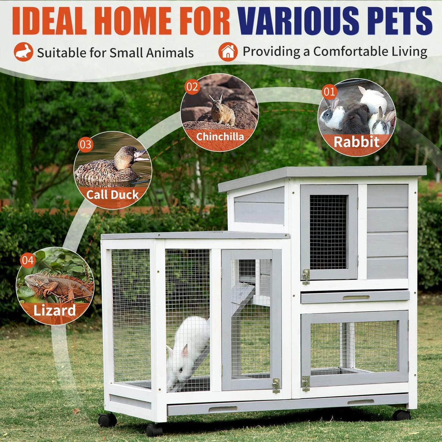 Rabbit Hutch, Indoor Rabbit Cage Two Story Bunny Hutch with Wheels Guinea Pig Cages with Removable No Leaking Tray, Ramp, Outdoor Pet House for Small Animals