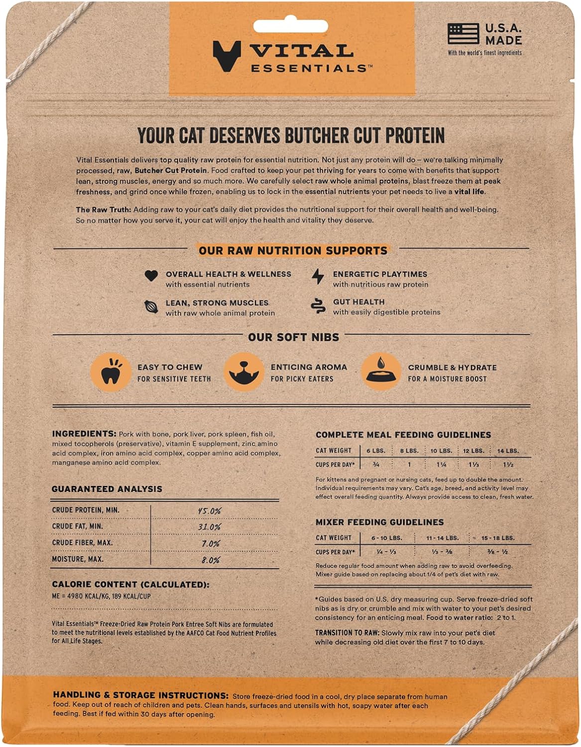 Vital Essentials Freeze-Dried Raw Pork Meal or Mixer Cat Food Soft Nibs | 99% Pork, Organs & Bone | 12 oz