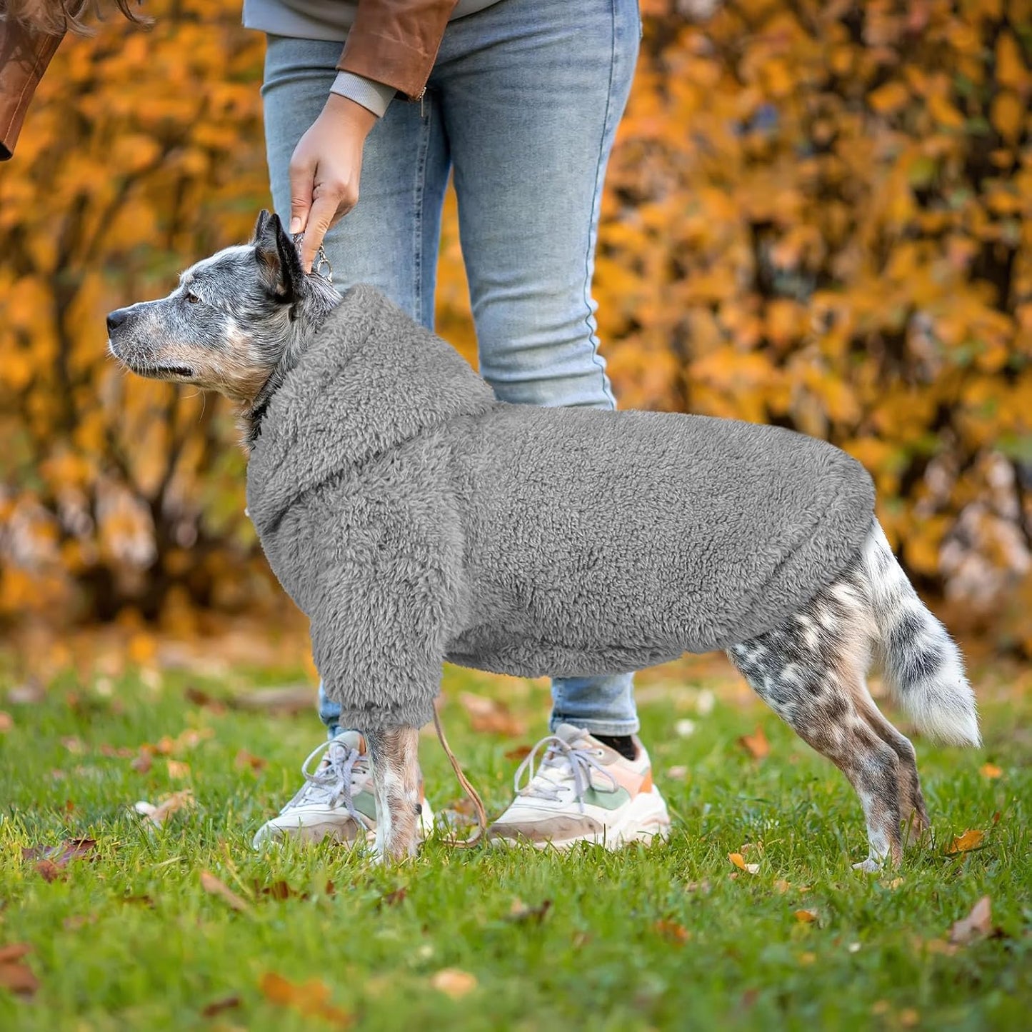 Fuzzy Dog Hoodie Dog Sweaters for Large Dogs Soft Double-Sided Plush Fleece Pet Sweater Clothes Coats Pet Hoodie Sherpa Hooded Sweatshirt(Grey-XXL)