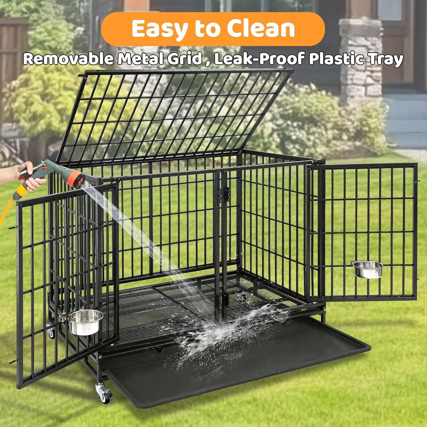 Homey Pet 43/48/37 inch Stackable Heavy Duty Dog Crate Cage on Wheels with Divider, 2X Steel Bowls, 4X Lockable Wheels, Tray, Indestructible Escape Proof Lager Dog Kennel Indoor
