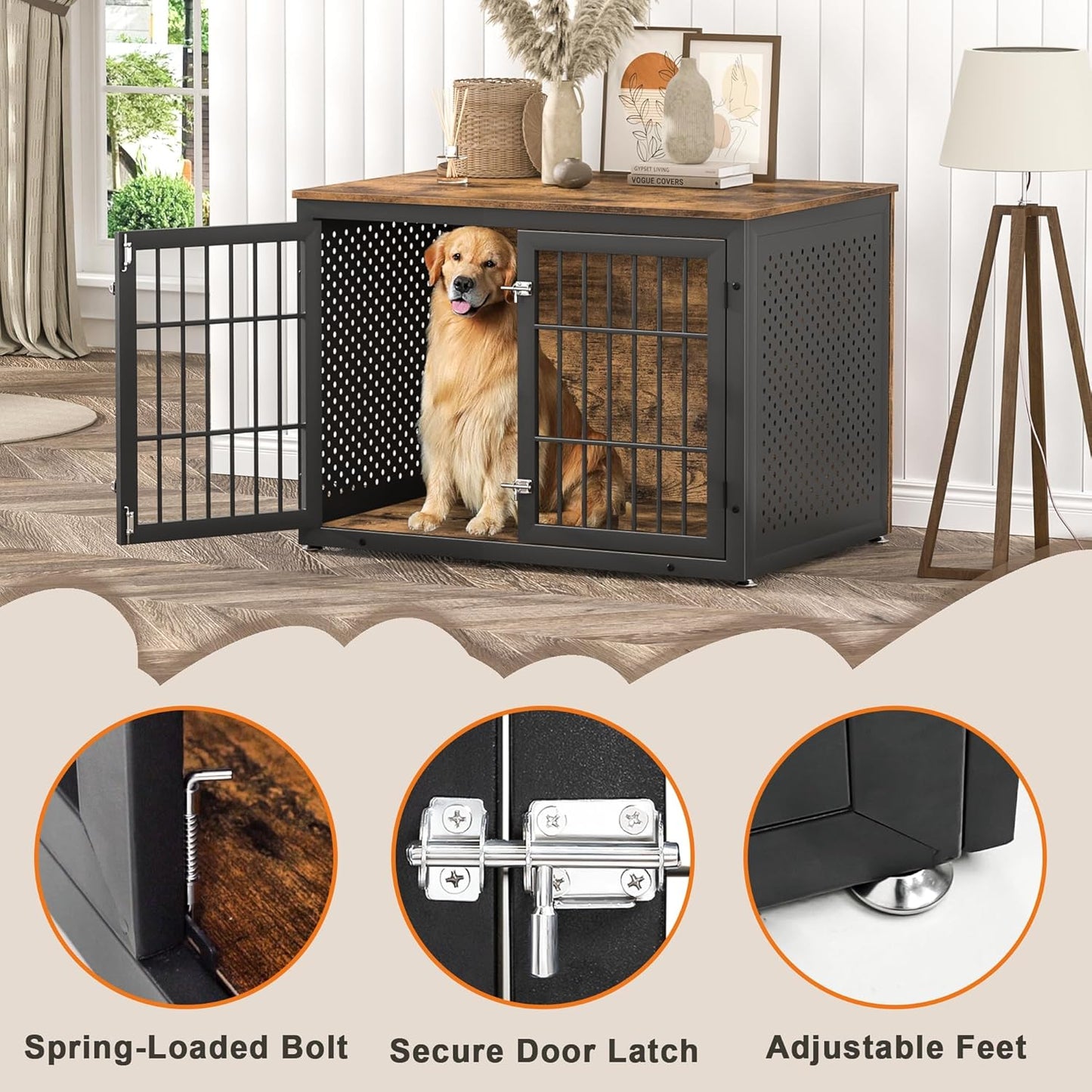 42" Heavy Duty Dog Crate Furniture for Large and Medium Dogs, Enclosed Design Wooden Metal Kennel, Wooden Cage Furniture Indoor, Decorative Dog Kennel End Table