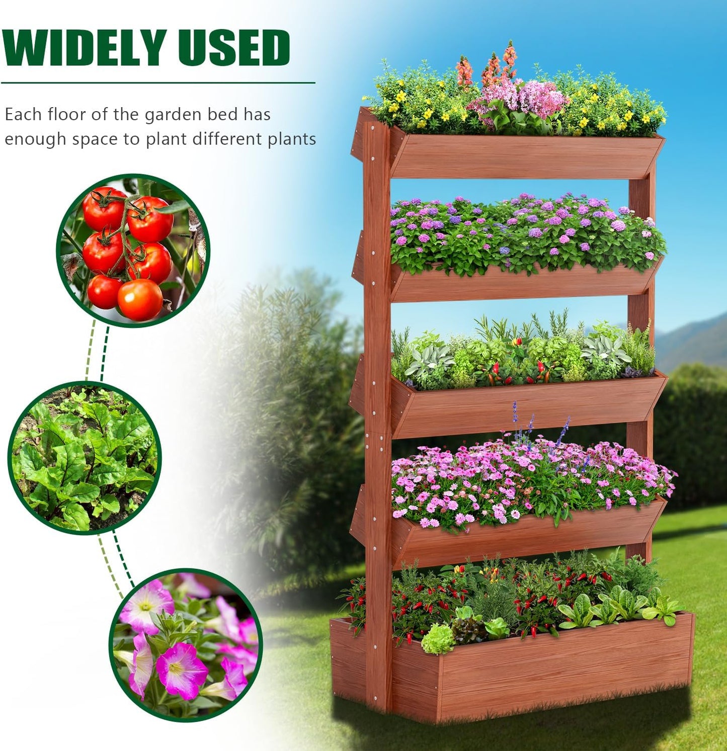 SUNYRISY 5 Tiers Vertical Wooden Raised Garden Bed Outdoor, Freestanding Garden Planter Box Stand for Planting Herbs Flowers Vegetables Outdoor Gardening