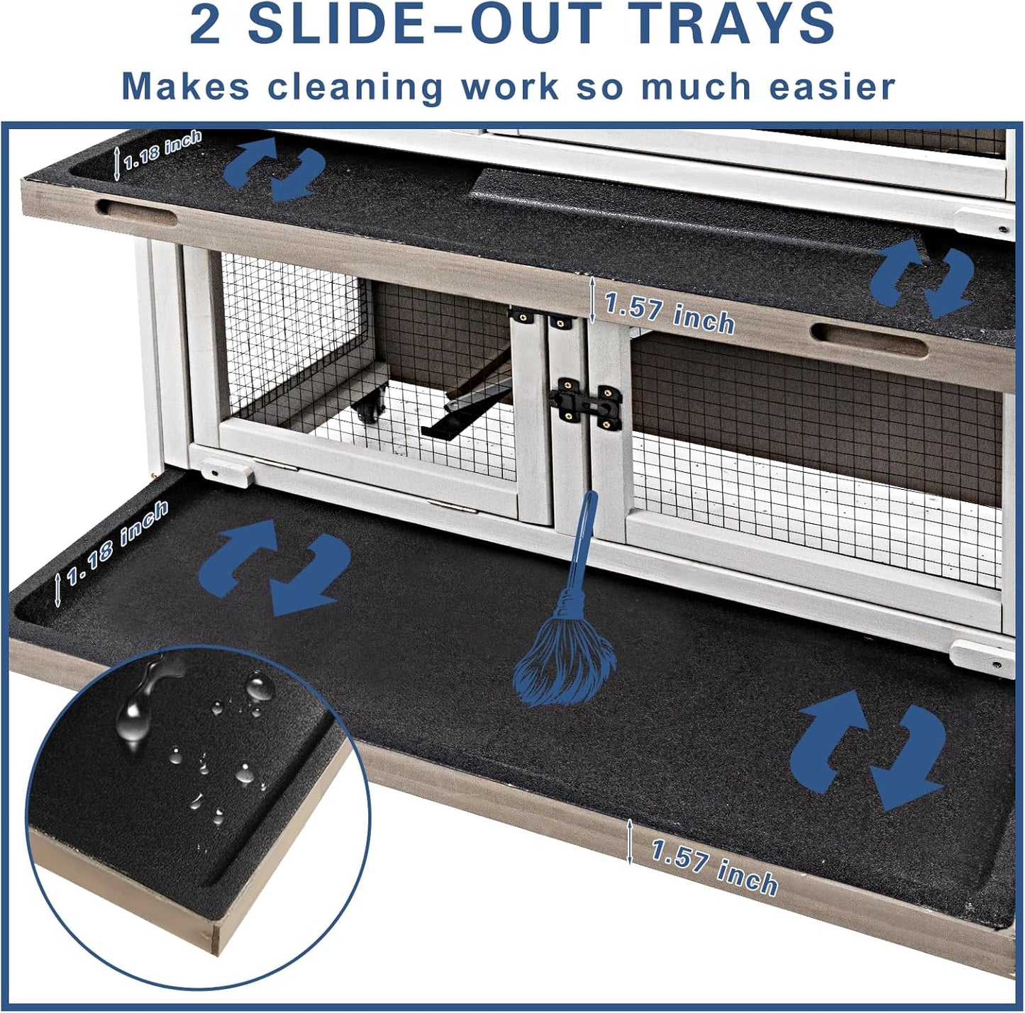 36" L Guinea Pig Cages Wooden, 2 Story Rabbit Cage Indoor Guinea Pig Habitat on 4 Metal Wheels and 2 Deeper Pull-Out Trays, Ramp, Leak Proof Guinea Pig Cages Indoor Small Animal Cage, Grey