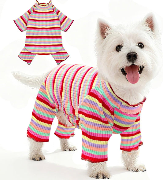 BAEJMJK Striped Dog Pajamas Stretchy Cute Four-Legged Boy Girl Dog Clothes with Sleeves Comfortable Dogs Jumpsuit Colorful Pet Puppy Outfits Apparel for Small Medium Dogs Cats(Red,X-Large)