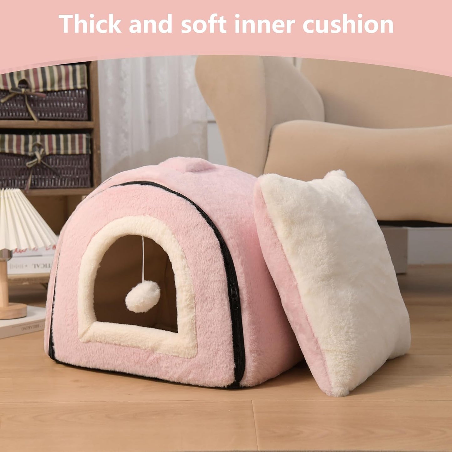 Cat Bed for Indoor Cats，Foldable cat cave，Anti-Slip & Water-Resistant Bottom，cat Houses for Indoor Cats or Small Dogs, Kitten Tent, Rabbit Bed，2 in 1 pet Bed (Pink)