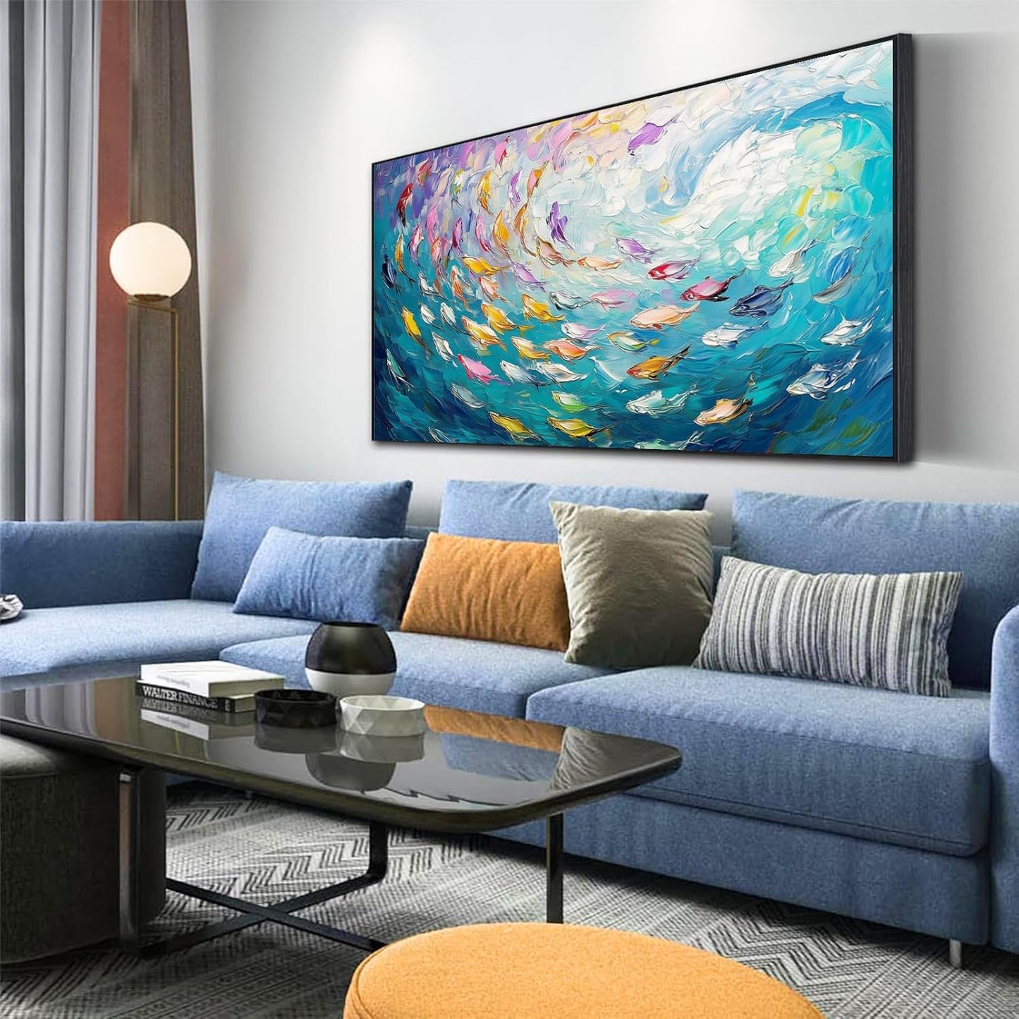 Fish Canvas Wall Art, Abstract School of Fish Canvas Wall Art, School of Fish Painting Canvas, School of Fish Wall Art, Fish Wall Decor, Fish Pictures Wall Decor, Bedroom Canvas Wall Decor (Gold Framed, 30"x17" | 76x43cm)