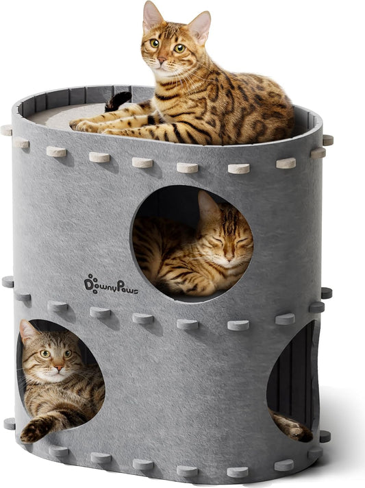DownyPaws Cat House for Indoor Cats, 2-Storey Foldable Cat Bed Cave, Felt Cats Tunnel Bed Condo, Castle Kitten Cube Hideaway for Multicats, Scratch Resistant, Light Gray