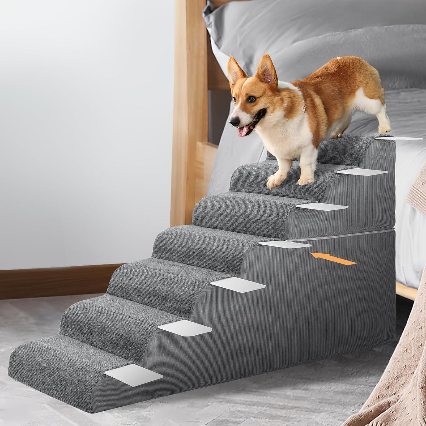 𝟳 𝗦𝘁𝗲𝗽𝘀 Dog Steps for High Bed, 30'' High Dog Stairs for Small Dogs, Waterproof Pet Stairs for Small Old Large Dogs and Cats with Removable Cover & PE Support Board for Bed, Car or Couch