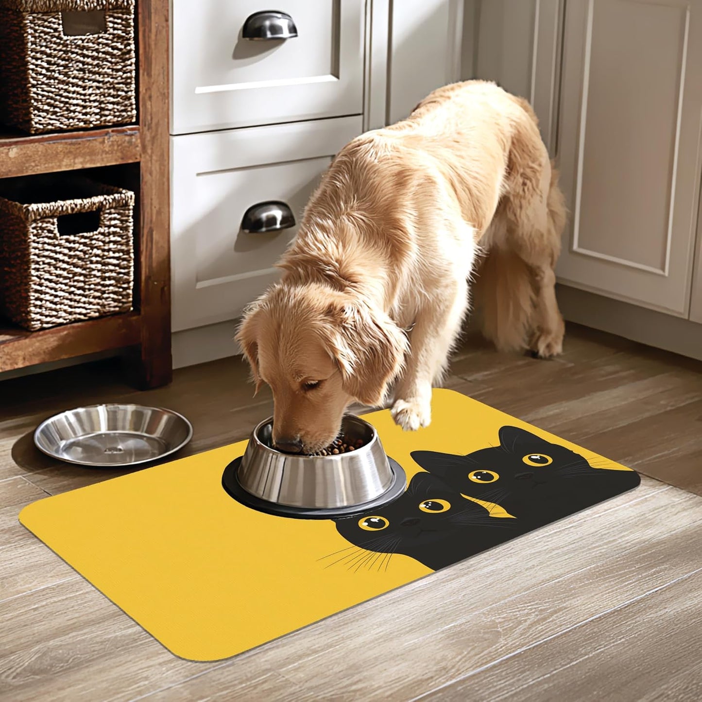 Cute Black Cat Peeking Dog Cat Food Mat-Absorbent Placemat for Food and Water Bowl, Waterproof Non Slip Rubber Backing Dog Food Mats for Floors, Pet Supplies 16 * 24 inch